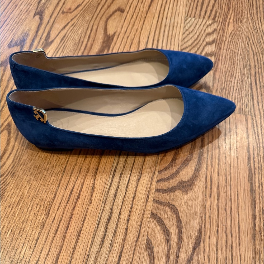 Tory Burch Suede Pointed-Toe Flats in Navy with Gold Logo